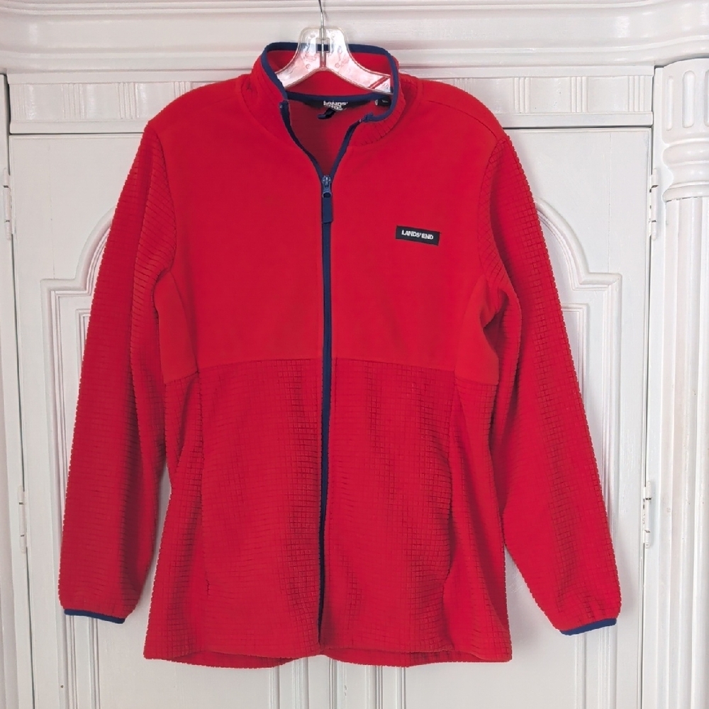 Lands' End Vibrant Orange Fleece Jacket with Navy Trim